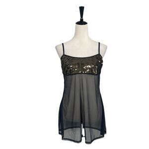 Victoria’s Secret Y2K Sexy Sheer Black Top Sequined Gold Camisole Nightie Medium